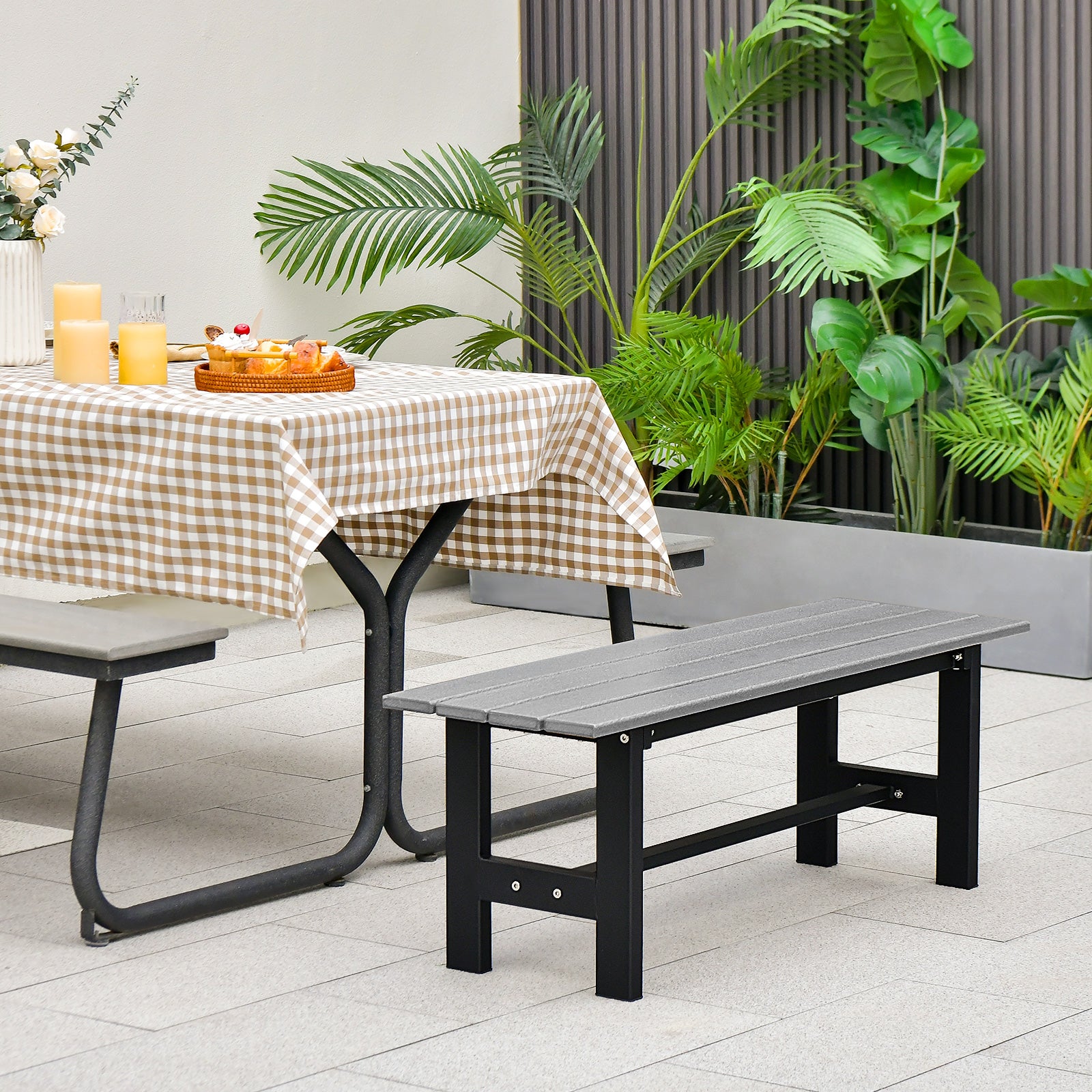 2-Person Outdoor Bench with Slatted Seat-Grey